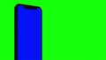 Black smartphone turns on on green background. Easy customizable blue screen. Computer generated image