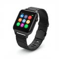 A black smartwatch featuring a square face with rounded corners is displayed.