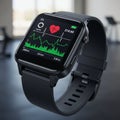 A black smartwatch with a square display shows a heart rate monitor interface.