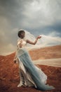 Black bride in waving long wedding dress and bridal veil stands on background of beautiful landscape. Royalty Free Stock Photo