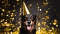 A black smiling dog in a golden birthday hat, a dog celebrating New Year\'s Eve
