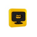 Black Smiling lips icon isolated on transparent background. Smile symbol. Yellow square button.