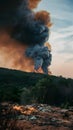 Black smoke billows as forest fire consumes woods and garbage Royalty Free Stock Photo