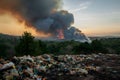 Black smoke billows as forest fire consumes woods and garbage Royalty Free Stock Photo