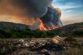 Black smoke billows as forest fire consumes woods and garbage Royalty Free Stock Photo