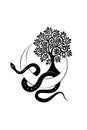 Black Snake on Crescent Moon and Tree of life. Sacred geometry, Mystical celestial pagan Wiccan goddess symbol. Half moon wicca