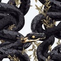 Black snakes.Seamless magical fantasy pattern with snakes and dragons.Scales