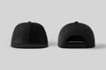 Black snapback caps mockup on a grey background, front and back side