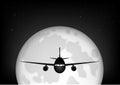 Black snd white airplane flying against th background of the full moon and the starry night sky, horizontal vector illustration Royalty Free Stock Photo