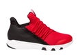Black sneaker, red inset, mesh cloth, sports shoes on a white background