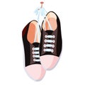 Black sneakers hang on a nail. Sports and casual universal shoes. Vector illustration on a white background. Isolate