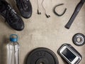 Black sneakers, headphones, fitness tracker, hear rate monitor