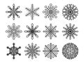 Black snowflakes collection isolated on white background. Flat snow icons set. Element for christmas calendar, invitation Royalty Free Stock Photo