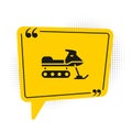 Black Snowmobile icon on white background. Snowmobiling sign. Extreme sport. Yellow speech bubble symbol
