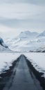 Black Snowy Road Leading To Snowy Mountains: A Post-apocalyptic Landscape