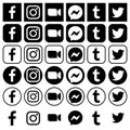 Black social media icons in different forms, such as: Facebook, Instagram, Zoom, Messenger, Tumblr, and Twitter. Vector