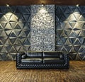 Black sofa, leather sofa, mystical interior, Halloween, masquerade, carnival,Modern design, empty, interior