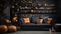 Black sofa with orange pillows in halloween interior