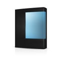 Black software packaging box with side front blue window