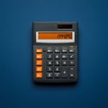 Black solar-powered calculator with a digital display showing \