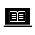 Black solid icon e learning, open book and laptop. Royalty Free Stock Photo