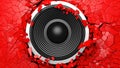 Black sound speaker on red cracked wall background. 3d illustration Royalty Free Stock Photo