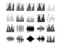 Black sound waves. Music audio frequency, voice line waveform, electronic radio signal, volume level symbol. Vector