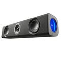 Black Soundbar Speaker with Blue LED Indicator and Multiple Drivers on White Background Royalty Free Stock Photo
