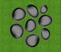 Black spa stones over green grass