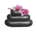 Black spa stones and pink orchid flower Royalty Free Stock Photo