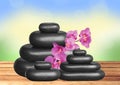 Black spa stones and pink orchid on wooden table over nature Royalty Free Stock Photo