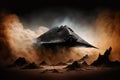 Black spaceship landing on alien planet in the clouds of dust. Generative AI