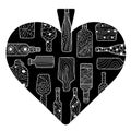 Black spades cartoon heart with hand drawn bottles