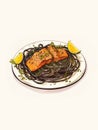 Black spaghetti with salmon and lemon on white plate