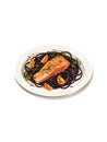 Black spaghetti with salmon on white plate