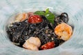 Black spaghetti with tiger prawn Royalty Free Stock Photo