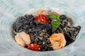 Black spaghetti with tiger prawn Royalty Free Stock Photo