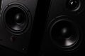 black speaker system with piano lacquer and huge speakers on a black background