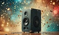 black speaker with two round speakers and rectangular one sits on wooden surface, surrounded by confetti and Royalty Free Stock Photo