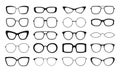 Black spectacles silhouettes, glasses frames isolated. Geek eyewear icons, stylish vision. Racy sunglasses vector