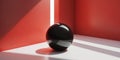 Black sphere on white surface with red wall and light beam creating abstract composition Royalty Free Stock Photo