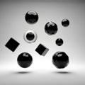 Black spheres and cubes along with a reflective metallic sphere and a Royalty Free Stock Photo