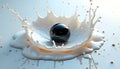A photorealistic depiction of a spherical object creating a dramatic splash in a pool of milk, Generative AI. Royalty Free Stock Photo