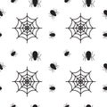 Black Spider and cobweb texture on white color background. Seamless pattern design template. Monochrome color theme vector