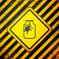 Black Spider in jar icon isolated on yellow background. Happy Halloween party. Warning sign. Vector Royalty Free Stock Photo