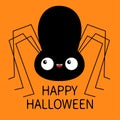 Black spider silhouette. Cute cartoon kawaii baby character. Long paws. Funny insect. Big eyes. Fang tooth. Happy Halloween. Flat