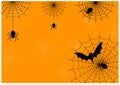 Black spider and spider web with a bat stick on web and copy space for texts on thinly spider web pattern with orange background