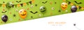 Green Happy Halloween Banner with Scary Balloons and Spiders