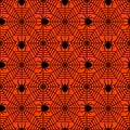 Black spiders with cobwebs on an orange background. Halloween seamless pattern for t-shirts or packaging. Royalty Free Stock Photo