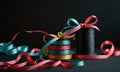 A black spool of thread is sitting on a table next to a pile of colorful ribbons. Royalty Free Stock Photo